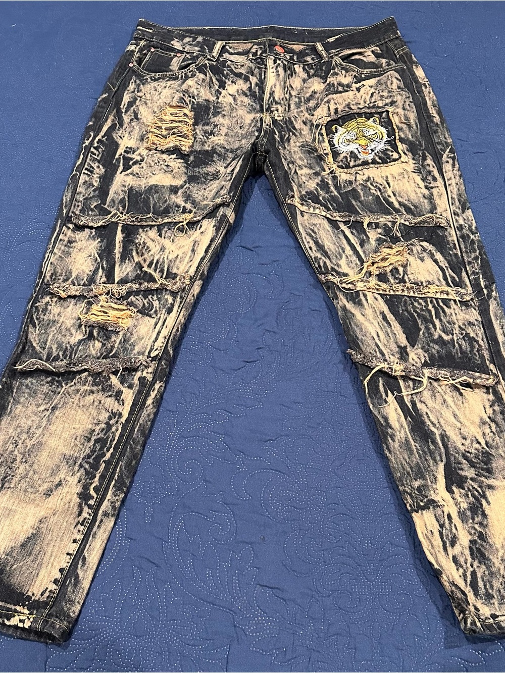 Men's Skinny Distressed Black Bleached Jeans with Tiger Patch